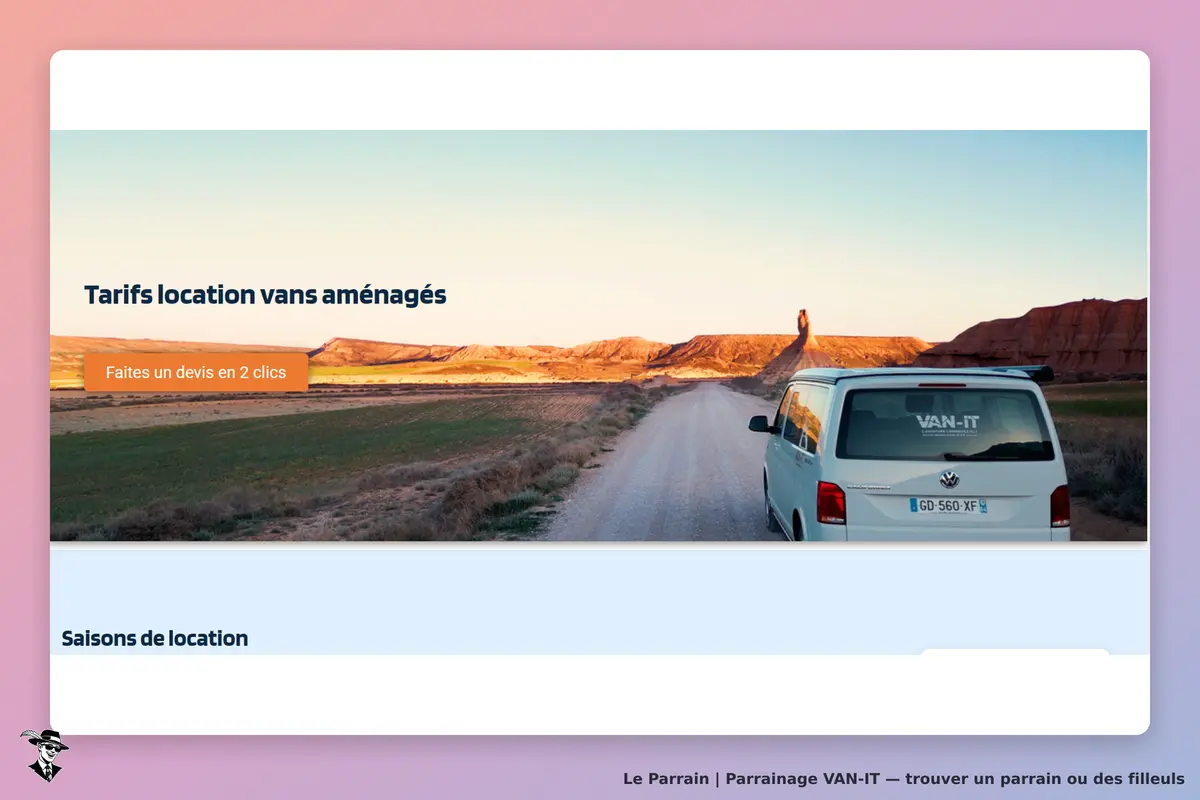 VAN-IT : page d'accueil avec un van aménagé sur une route et un bouton pour un devis