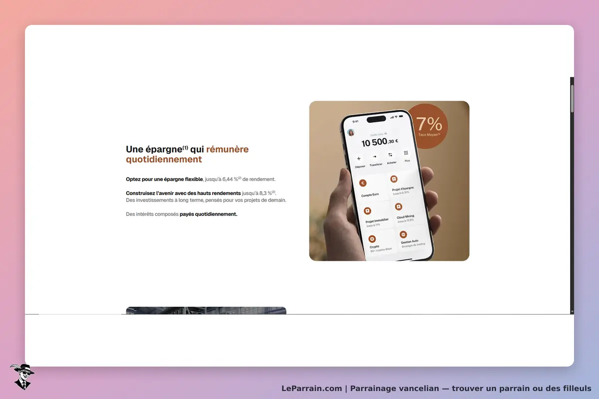 Vancelian : page d'accueil présentant une épargne avec un smartphone affichant des options