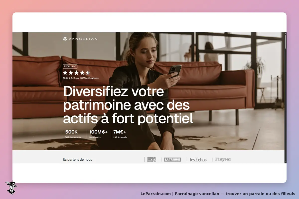 VANCELIAN : page d'accueil avec une femme utilisant un téléphone, canapé en arrière-plan