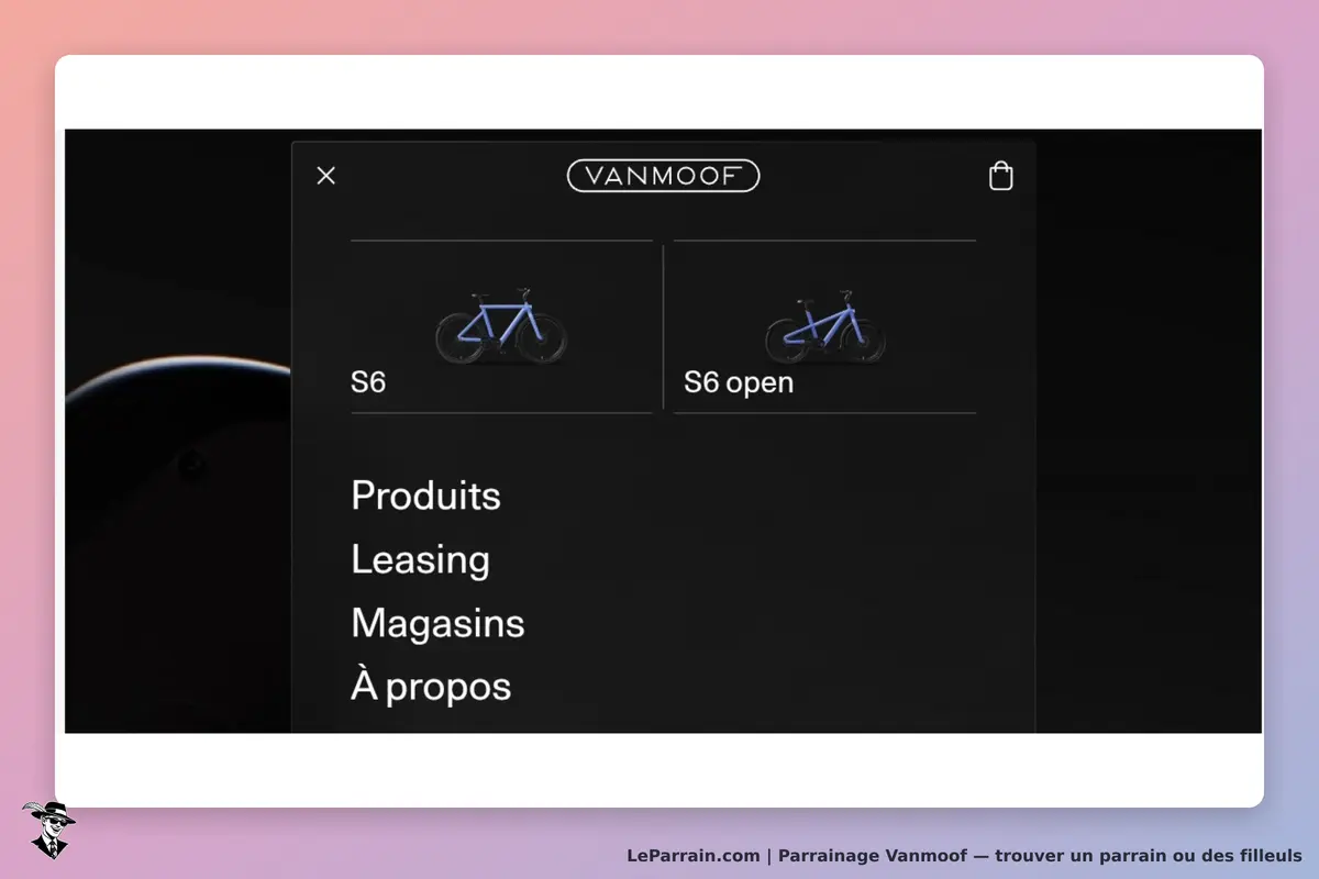 Vanmoof : menu affichant les modèles S6 et S6 open avec options de navigation