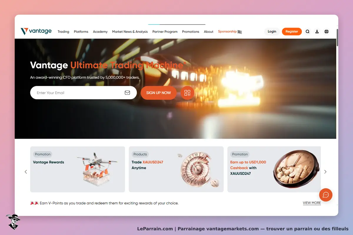 vantagemarkets.com : vantage : page d'accueil avec un formulaire d'inscription et des promotions