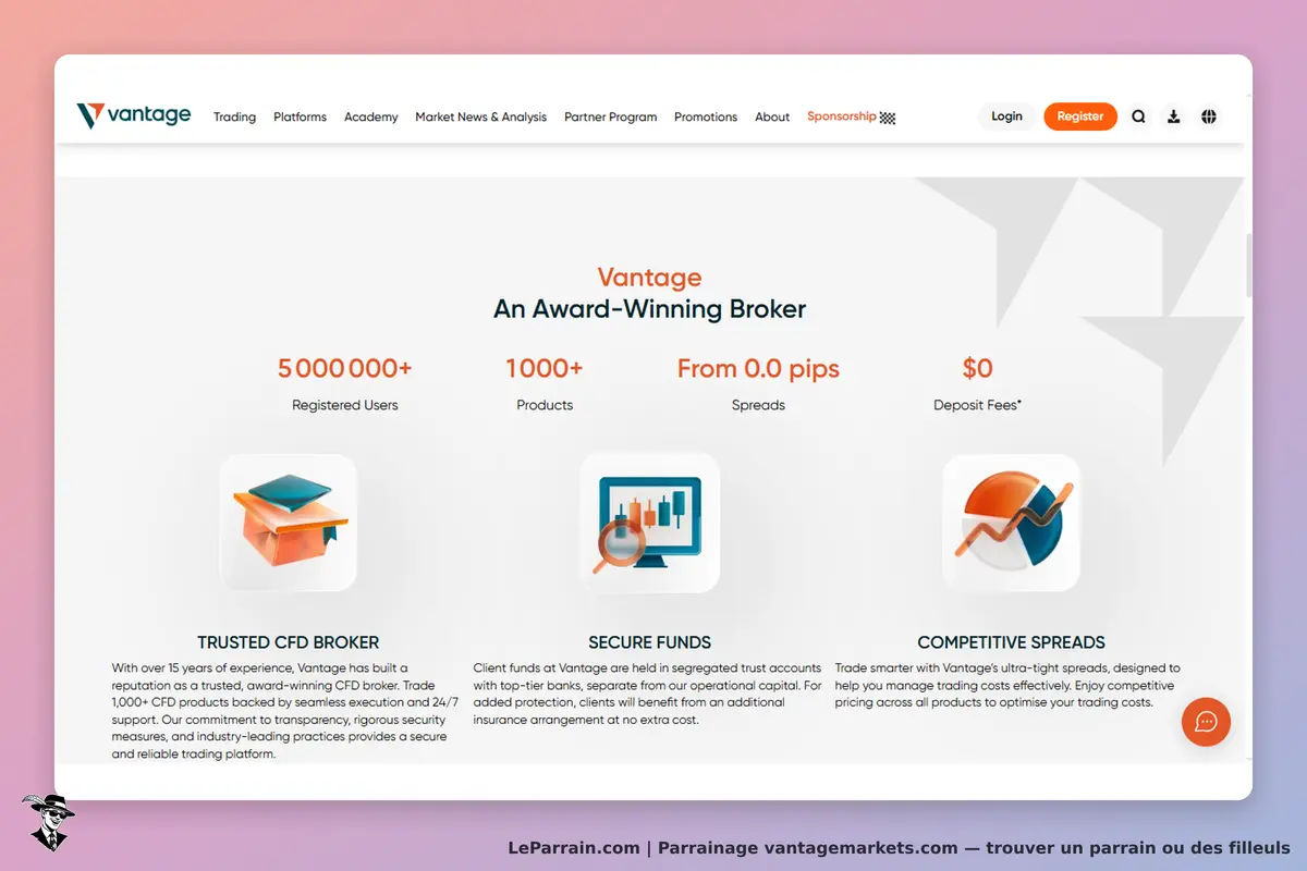 vantagemarkets.com : vantage : page d'accueil présentant les services et caractéristiques du
