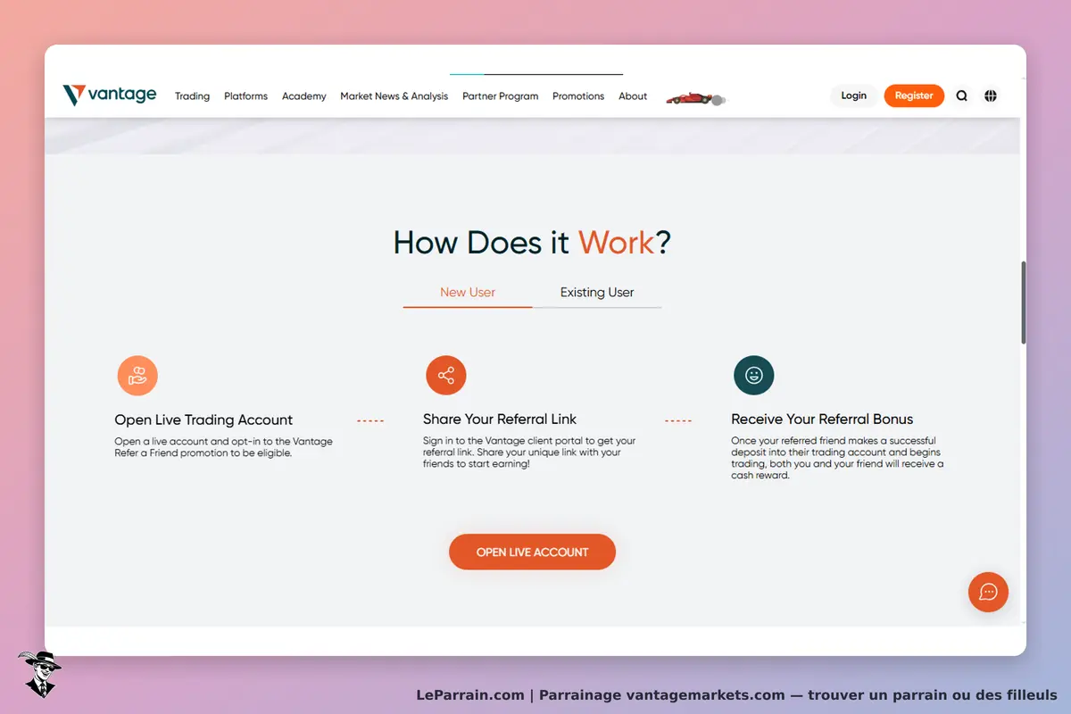 vantagemarkets.com : vantage : page expliquant le fonctionnement du programme de parrainage avec