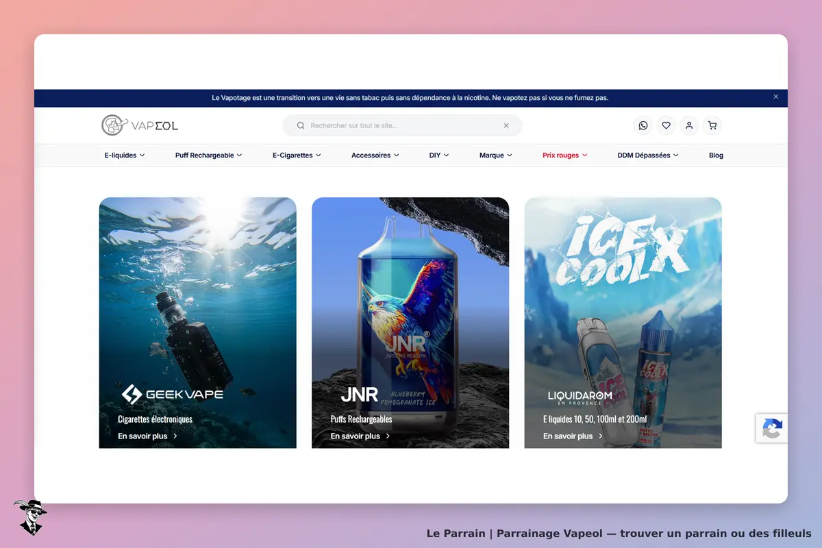 VAPEOL : page d'accueil avec produits de vapotage et catégories affichées