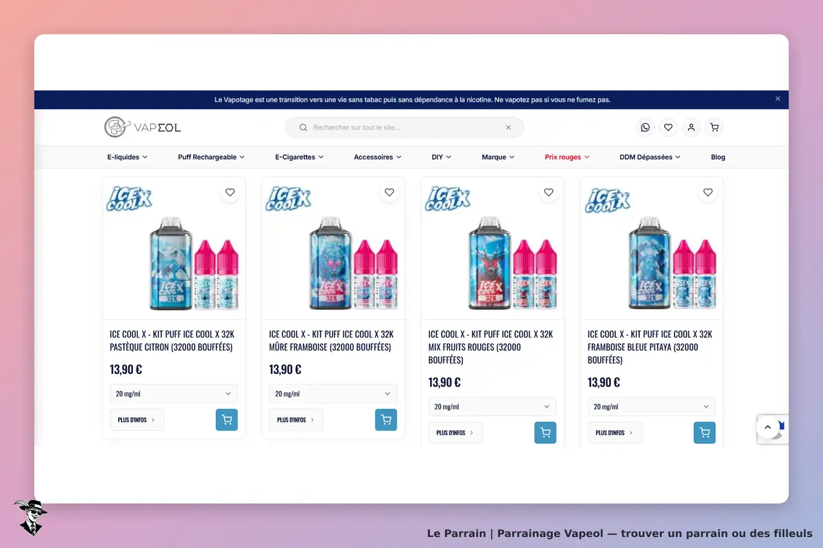 VAPEOL : affichage de plusieurs kits de e-liquides avec descriptions et images sur la page