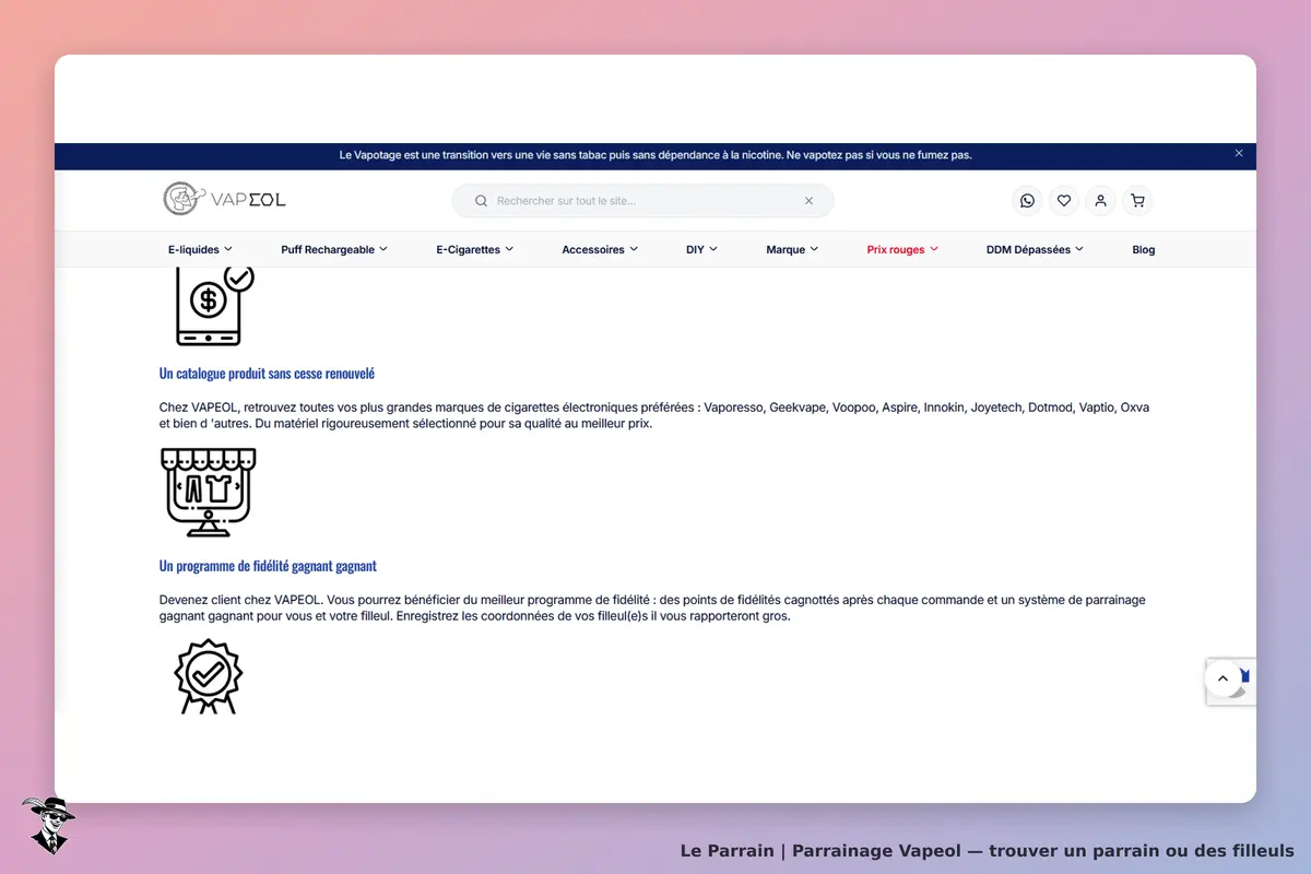 VAPEOL : page d'accueil avec des sections sur les produits et le programme de fidélité