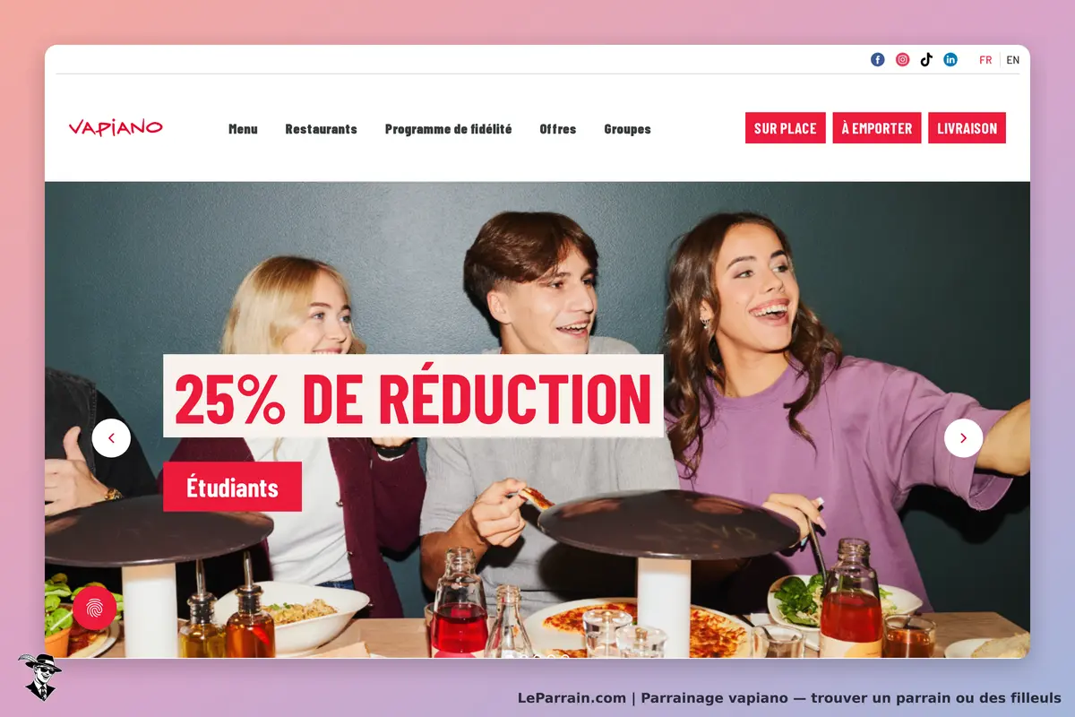 VAPIANO : quatre personnes souriantes autour d'une table avec des plats et des boissons