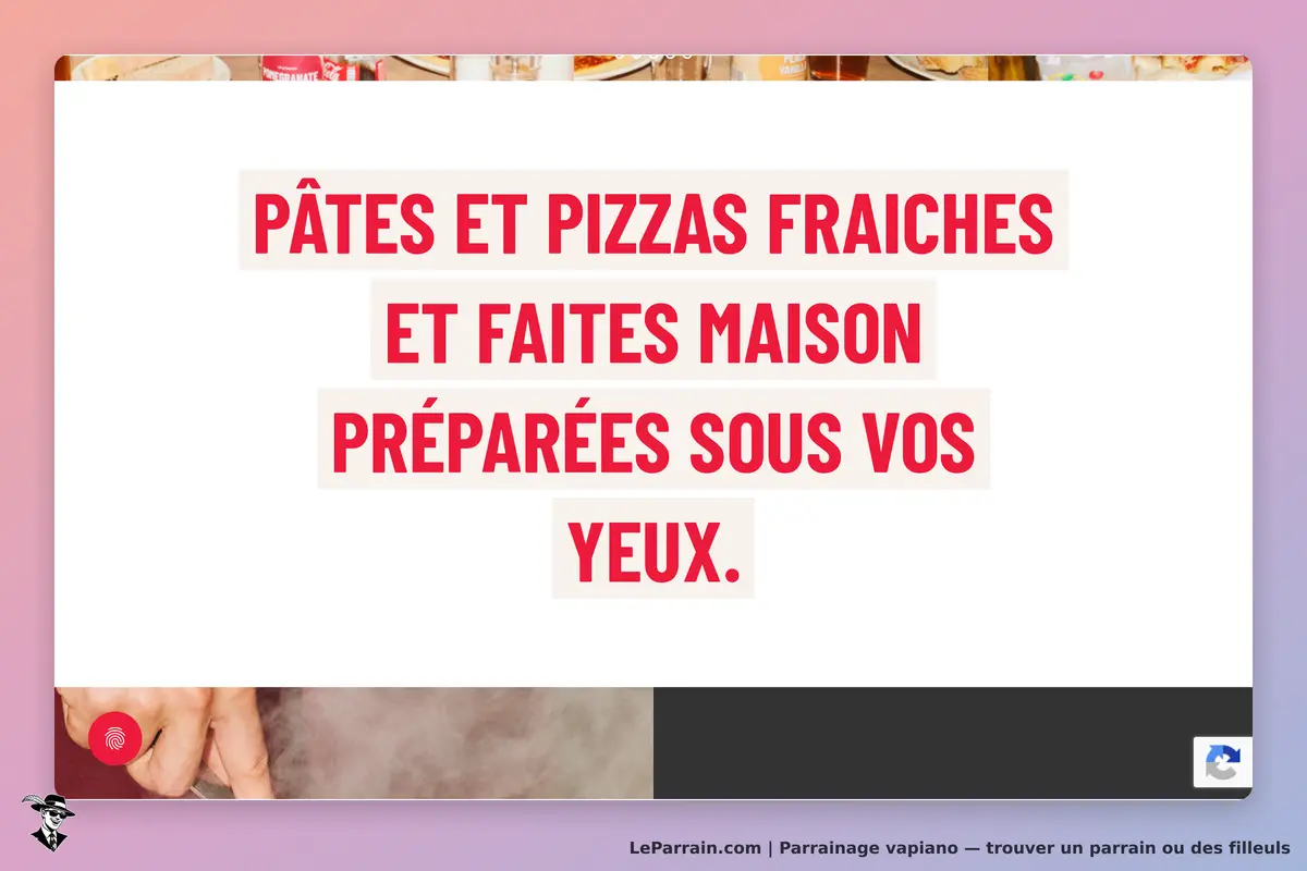 Vapiano : texte sur fond blanc présentant des pâtes et pizzas faites maison sous vos yeux