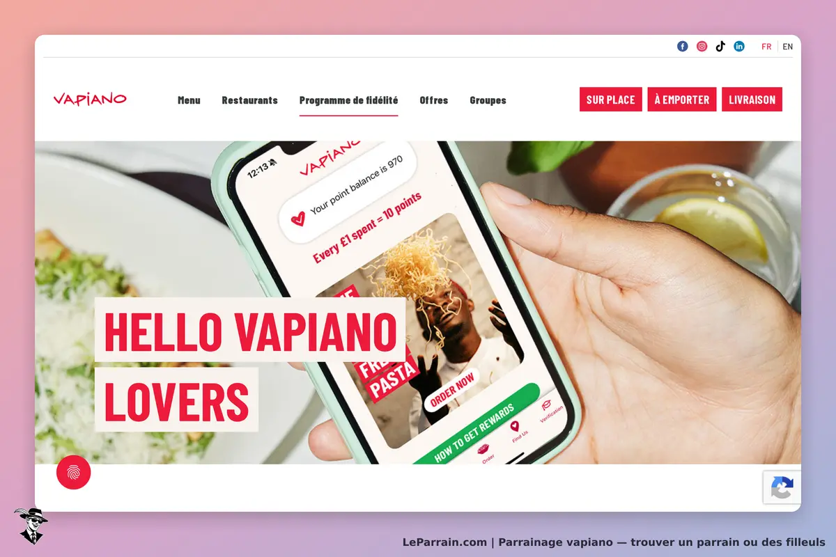 VAPIANO : page d'accueil affichant un smartphone avec un programme de fidélité et des plats
