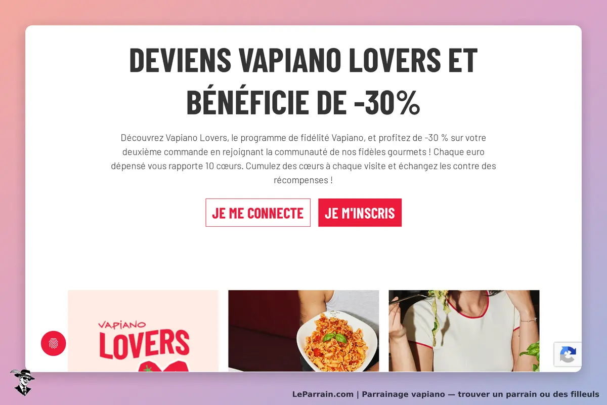 Vapiano : programme de fidélité avec boutons pour se connecter ou s'inscrire, images de plats