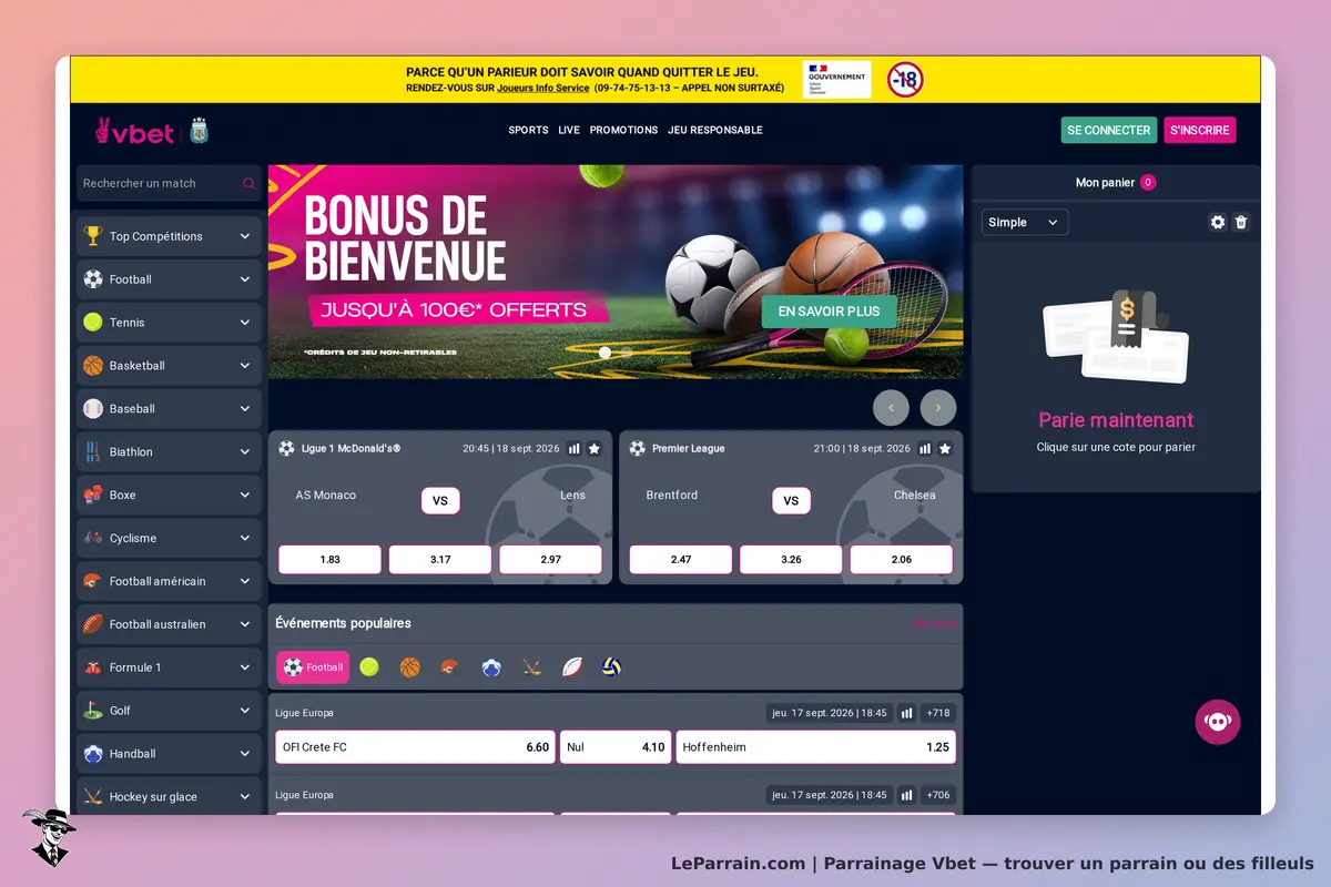 Vbet : page d'accueil avec promotions et événements sportifs en cours, incluant des cotes