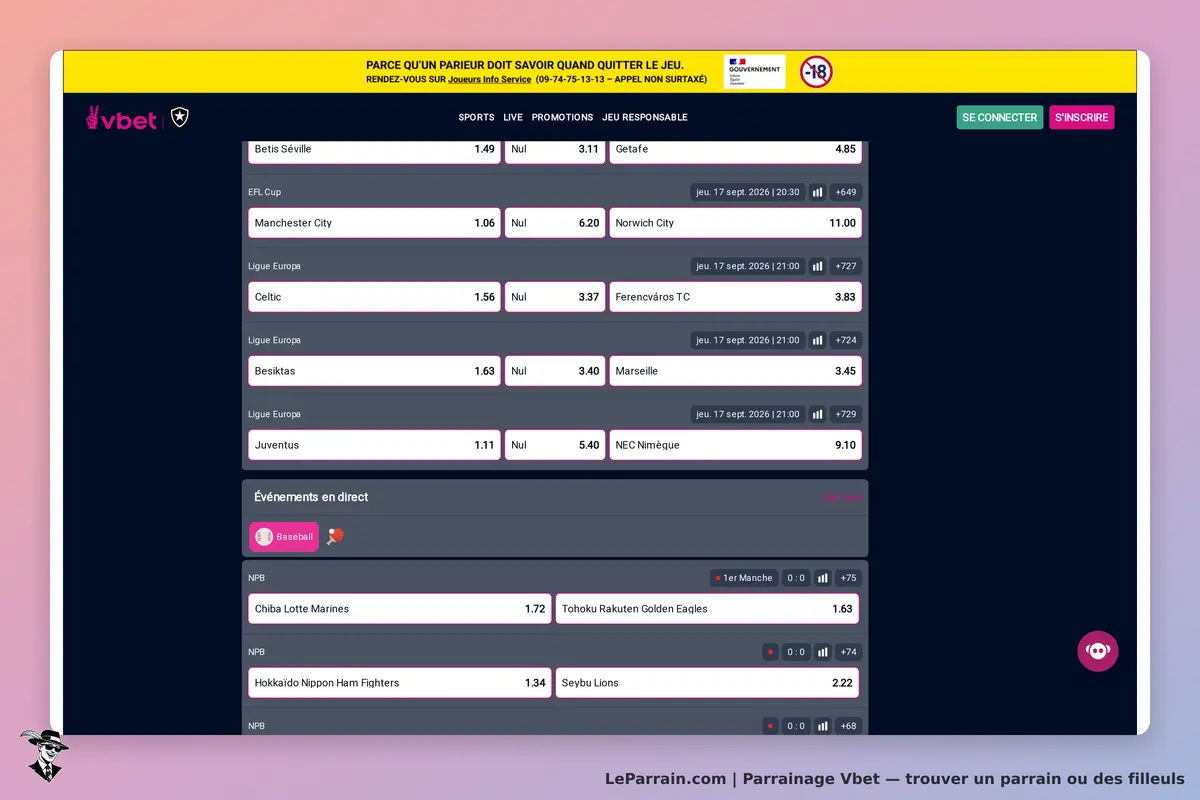Vbet : affichage des cotes pour différents événements sportifs et accès aux événements en direct