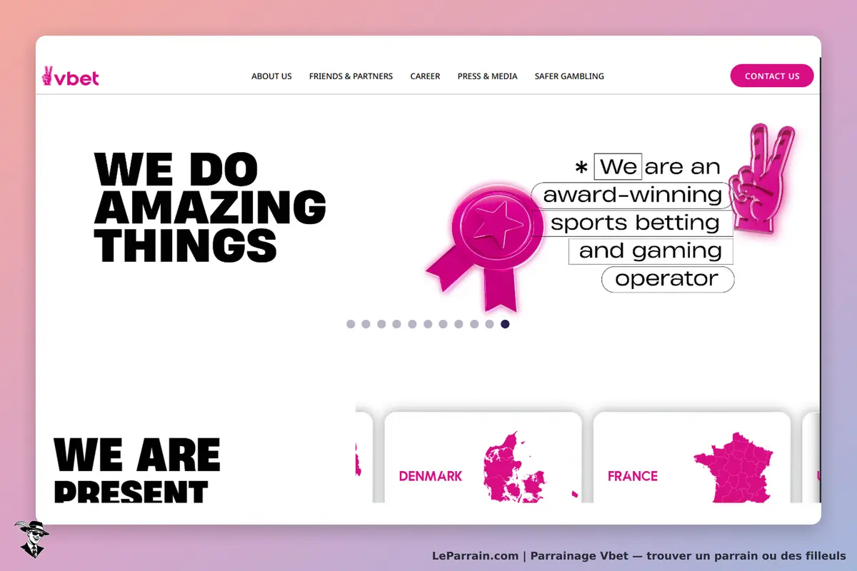 Vbet : page d'accueil avec slogan et carte des pays, dont le Danemark et la France