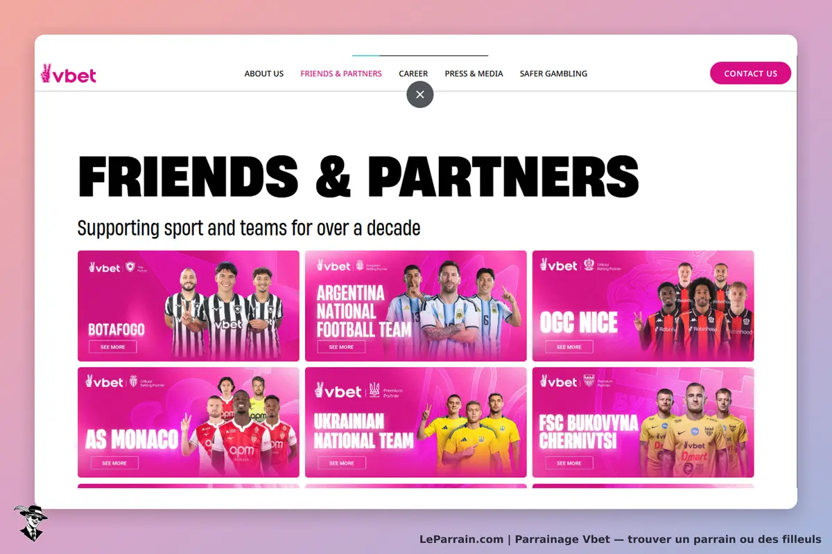 Vbet : page "Friends & Partners" présentant divers clubs et équipes sportives