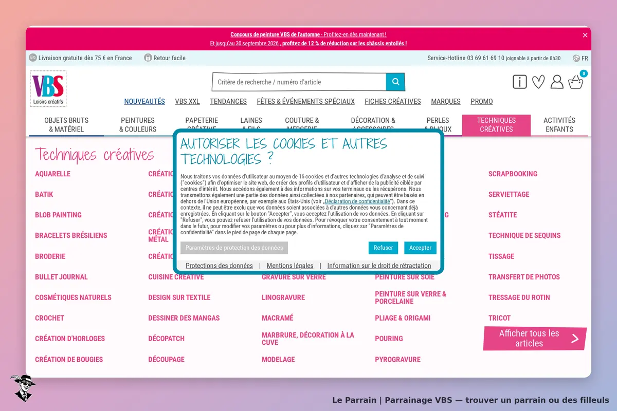 VBS : page d'accueil avec un pop-up sur l'autorisation des cookies et des techniques créatives