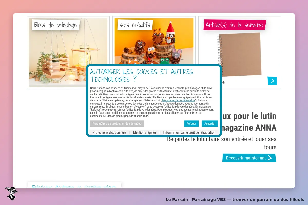 VBS : page d'accueil avec des blocs de bricolage, sets créatifs et un article de la semaine