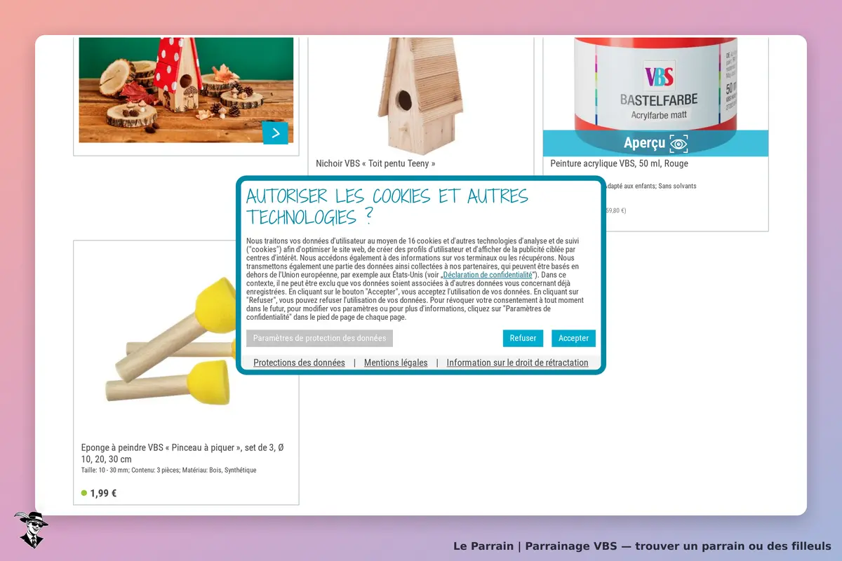 VBS : page d'accueil avec produits et demande d'autorisation de cookies en surimpression