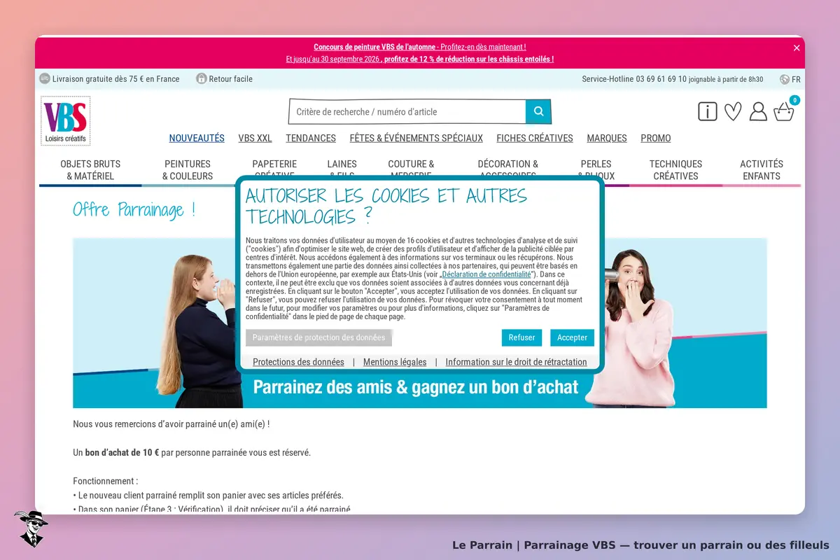 VBS : page d'accueil avec pop-up sur l'autorisation des cookies et offre de parrainage