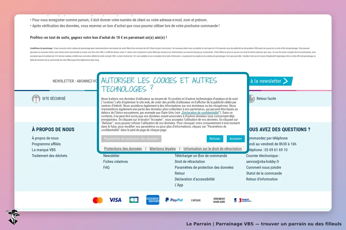 VBS : page d'accueil avec demande d'autorisation de cookies et informations sur le parrainage