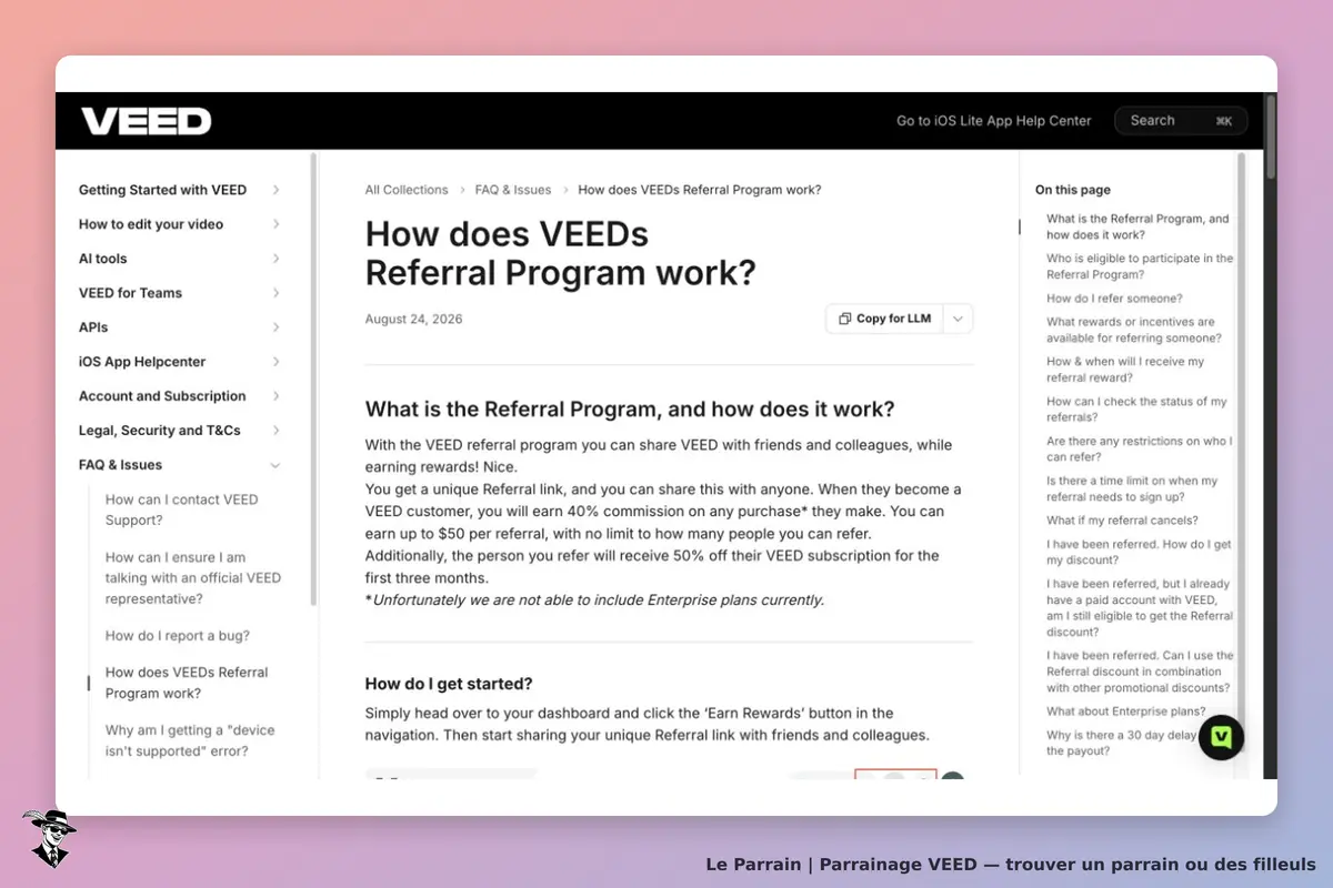 Centre d’aide officiel VEED : programme de parrainage avec commission de 40 % plafonnée à 50 dollars US et remise de 50 % pendant trois mois pour le filleul.