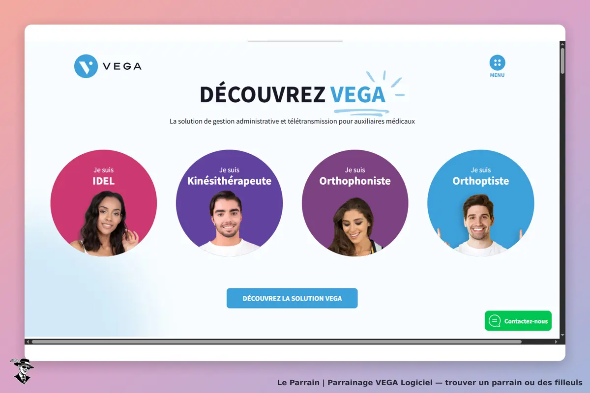 VEGA Logiciel : vEGA : page d'accueil présentant des professionnels de santé et un bouton pour