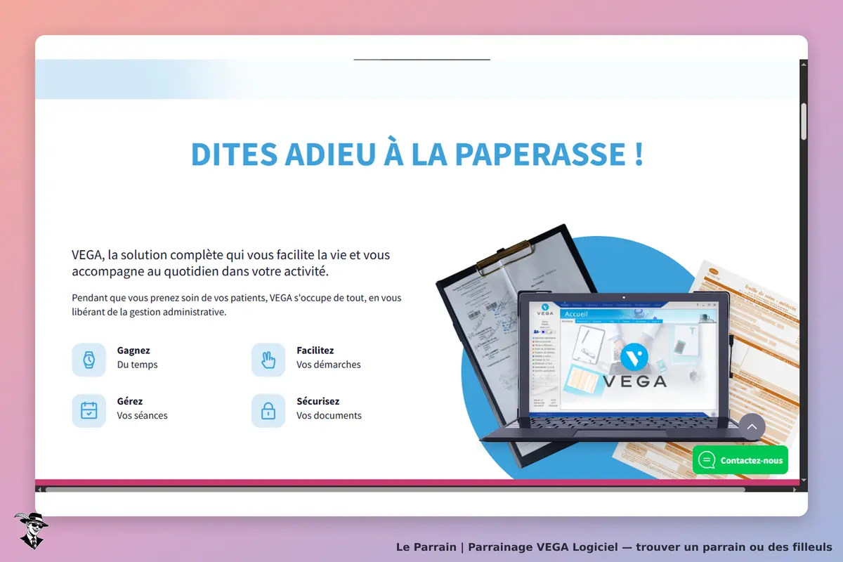 VEGA Logiciel : page d'accueil présentant des documents et un ordinateur avec l'interface du