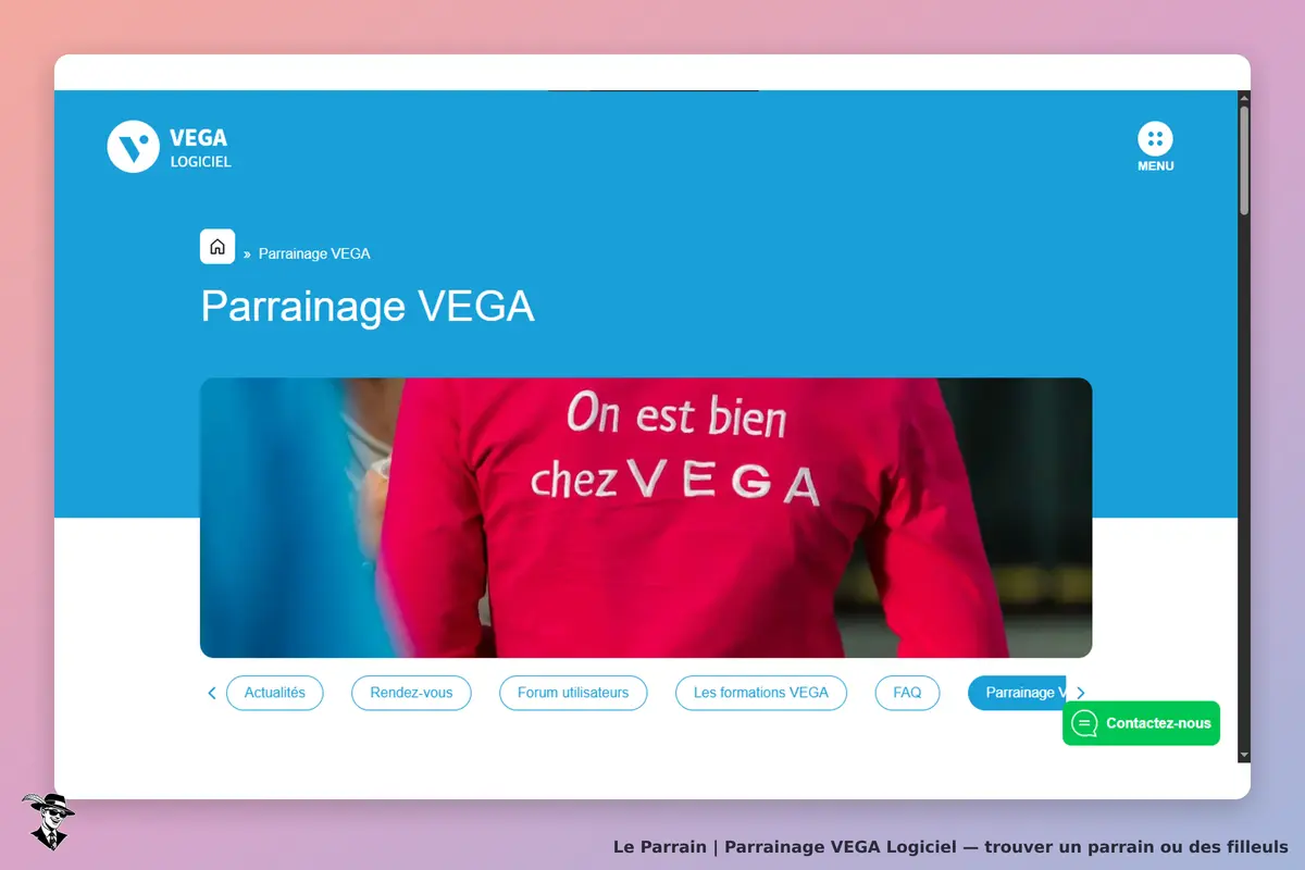 VEGA Logiciel : page d'accueil avec le titre "Parrainage VEGA" et un visuel de personne en sweat