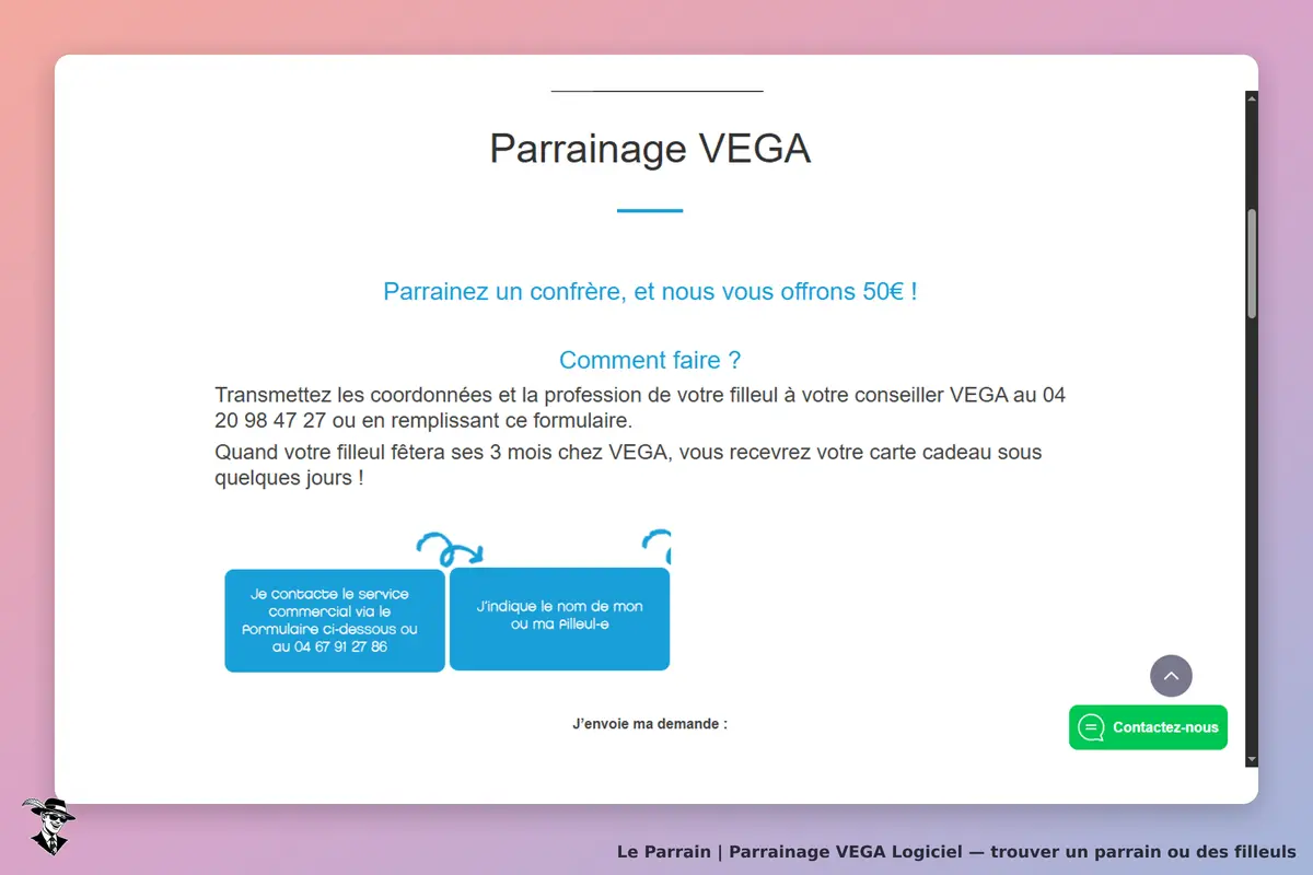 VEGA Logiciel : page d'accueil sur le parrainage avec instructions et options de contact