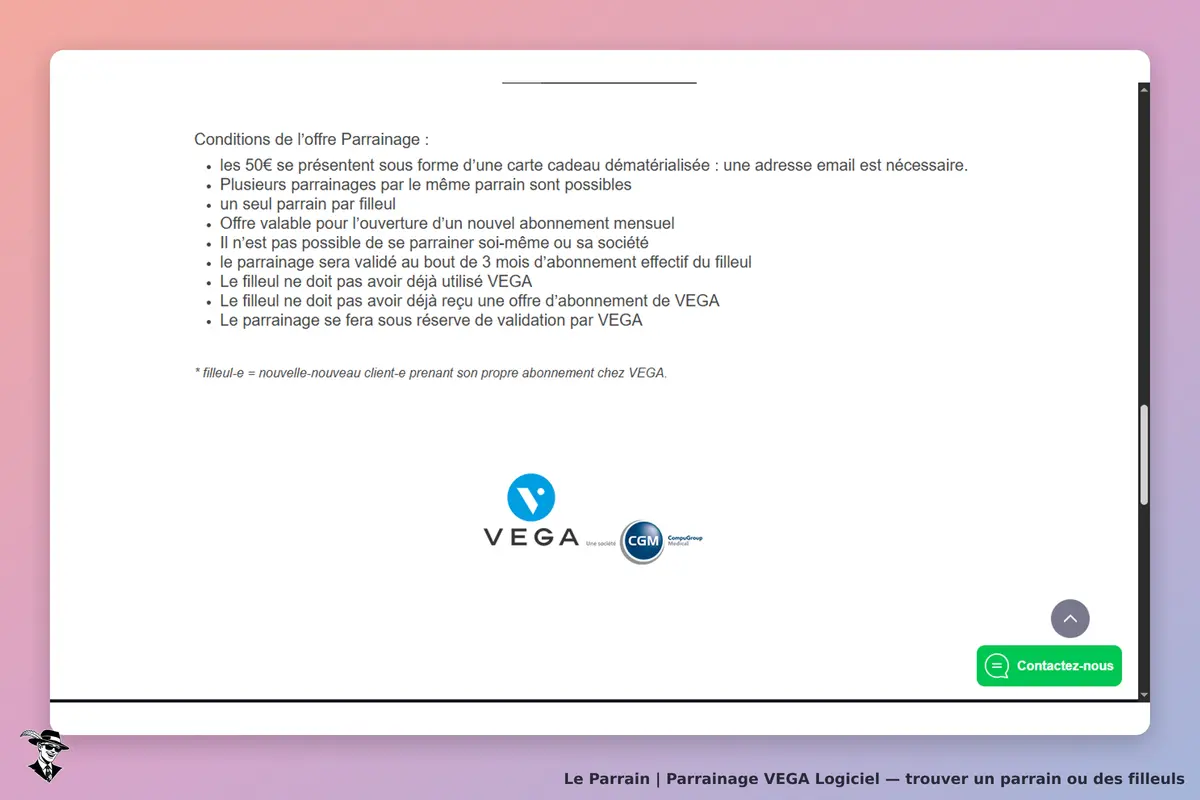 VEGA Logiciel : conditions de l'offre de parrainage affichées sur la page d'accueil