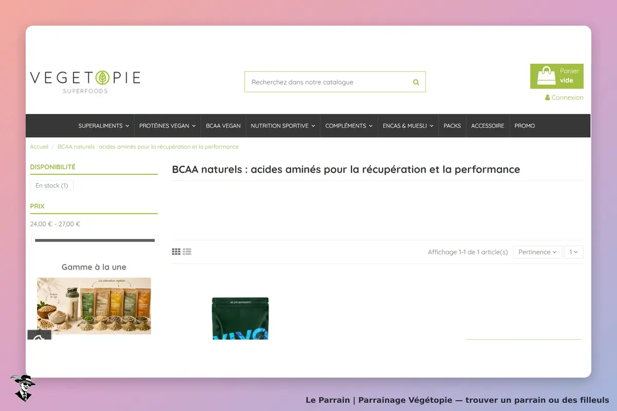 Végétopie : page produit pour BCAA naturels avec informations de disponibilité et prix