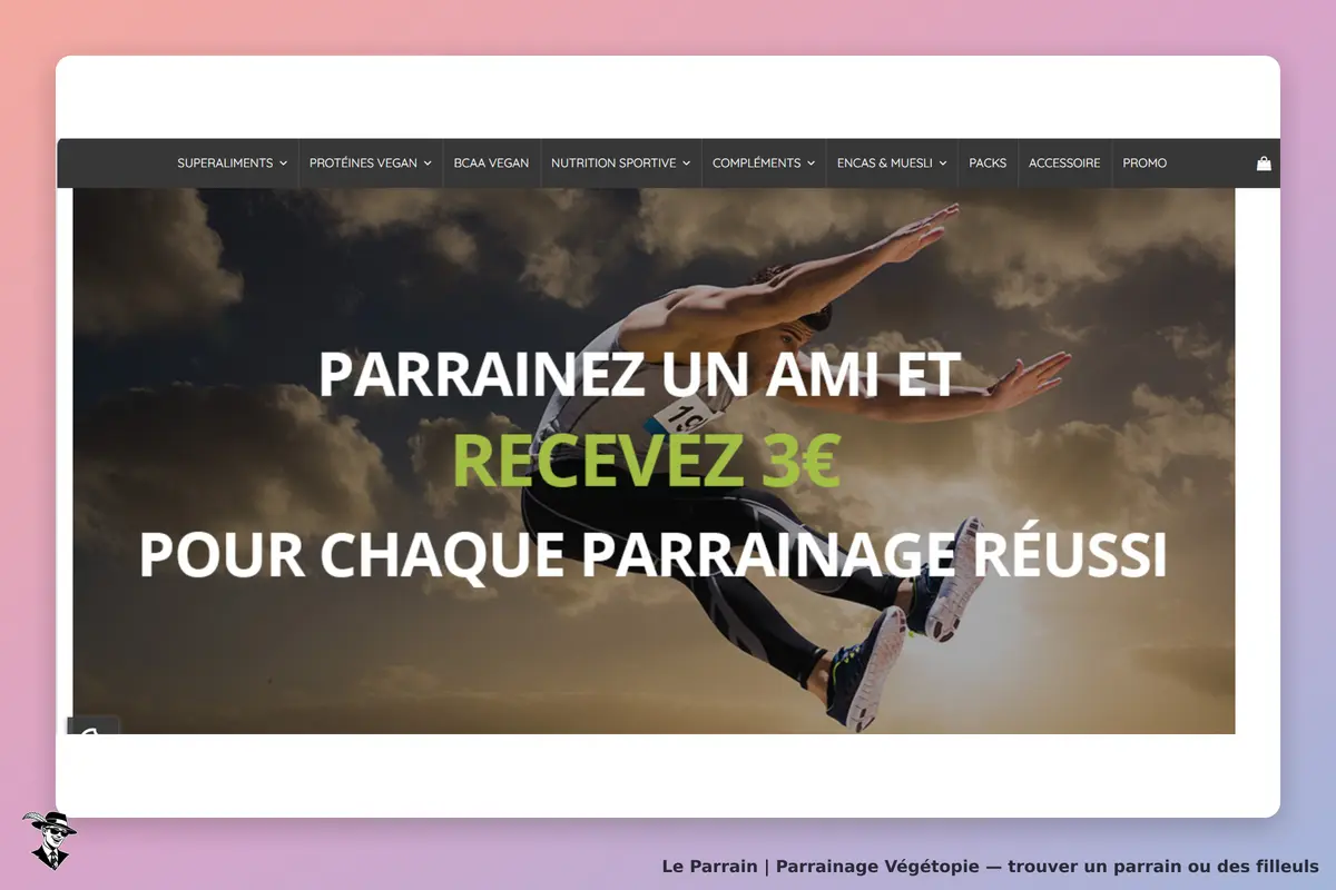 Végétopie : page d'accueil avec un athlète en action et un message sur le parrainage