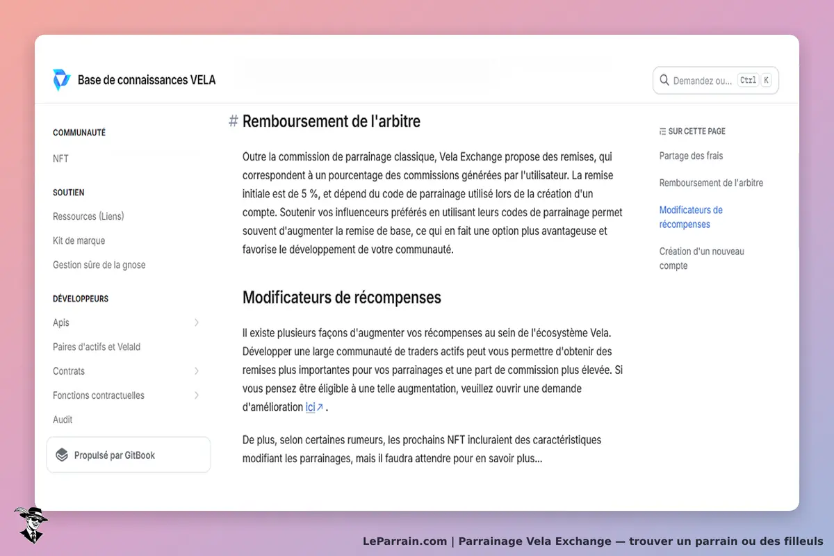Vela Exchange : page d'accueil avec sections sur le parrainage et les récompenses