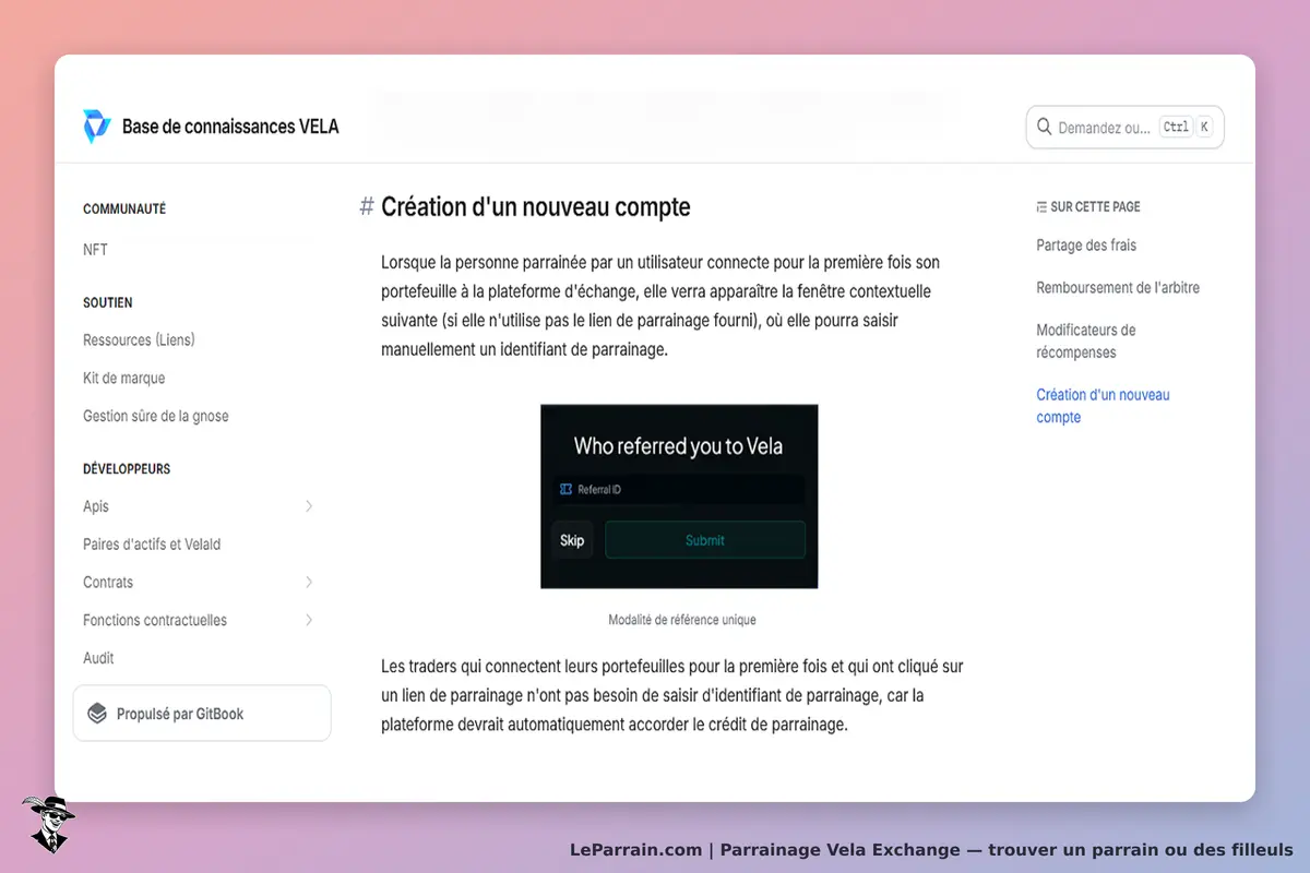 Vela Exchange : page d'accueil avec instructions pour créer un nouveau compte et formulaire
