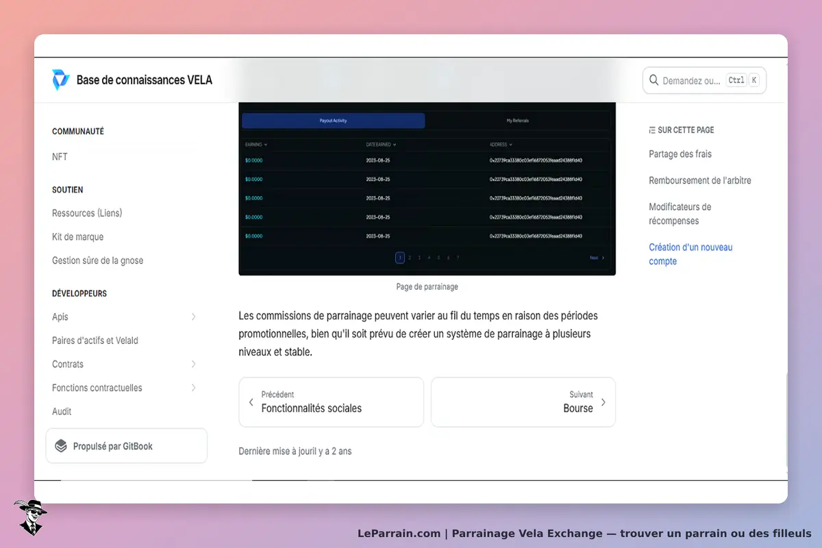 Vela Exchange : page de parrainage avec tableau d'activités de paiement et menu latéral