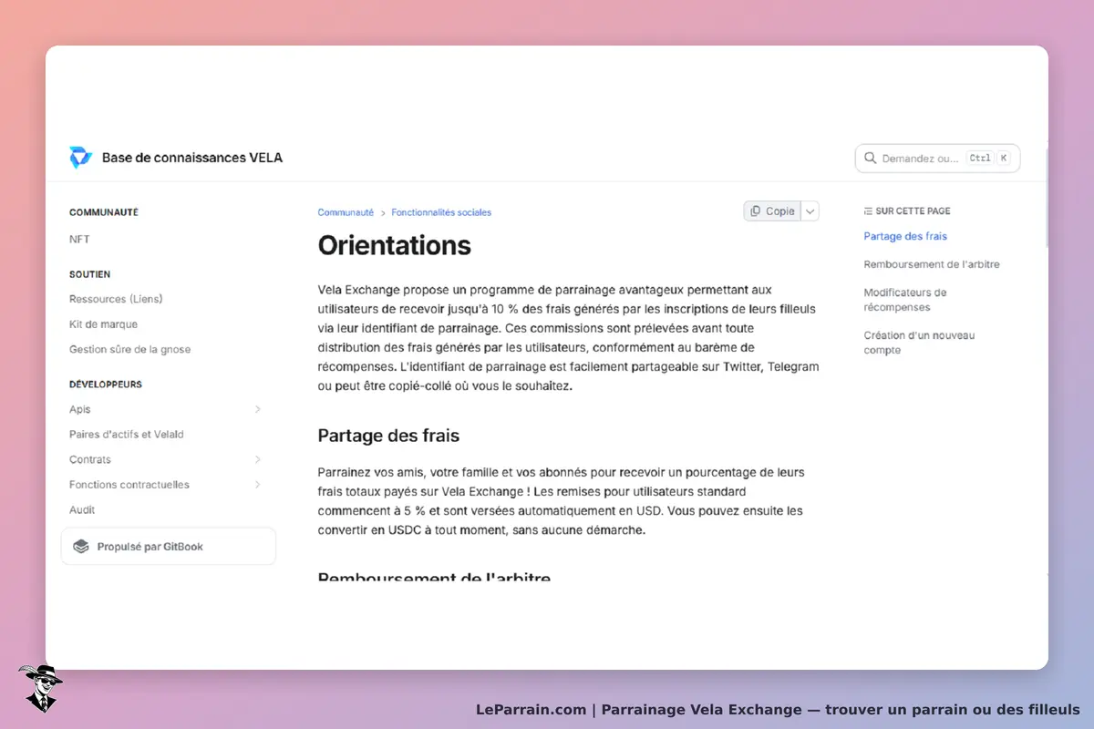 Vela Exchange : page d'orientation sur le programme de parrainage et partage des frais