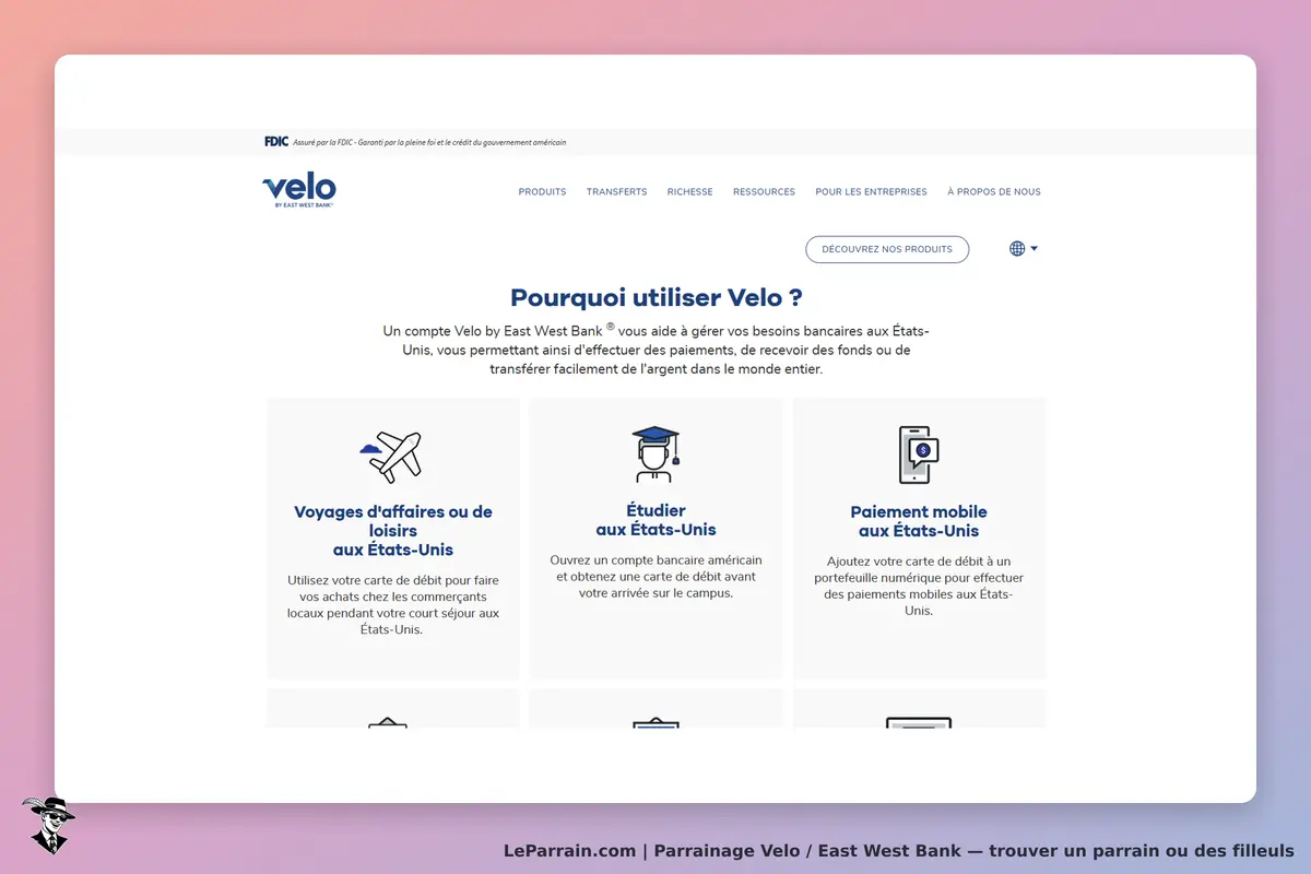 Velo / East West Bank : velo : page d'accueil présentant les avantages d'un compte bancaire aux