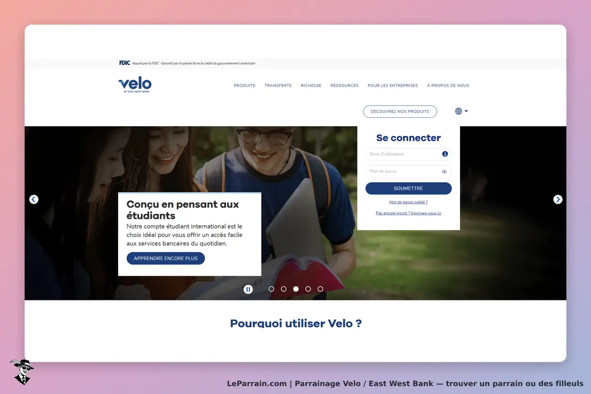 Velo / East West Bank : velo : page d'accueil avec étudiants, formulaire de connexion et
