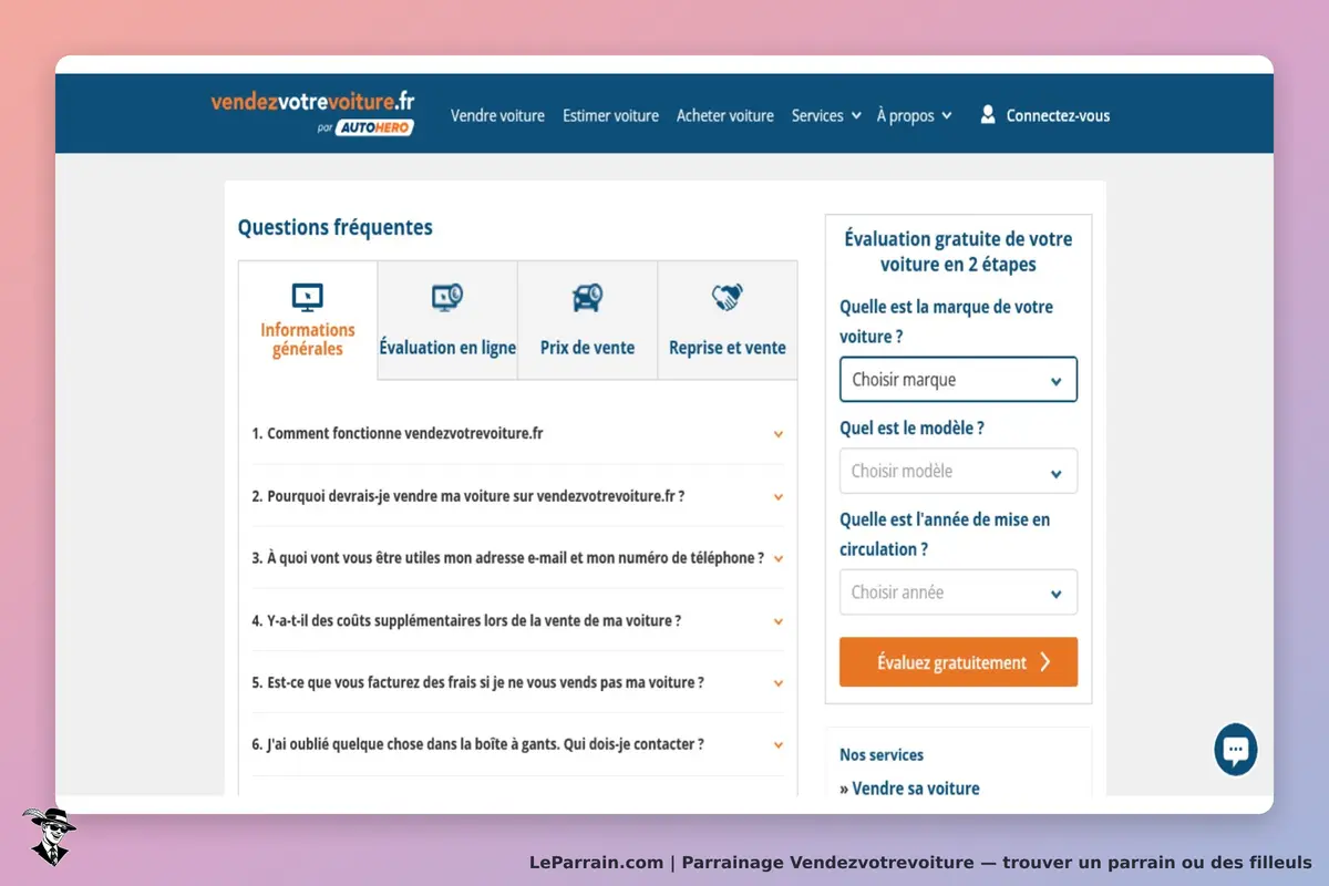 vendezvotrevoiture : page d'accueil avec questions fréquentes et formulaire d'évaluation de voiture