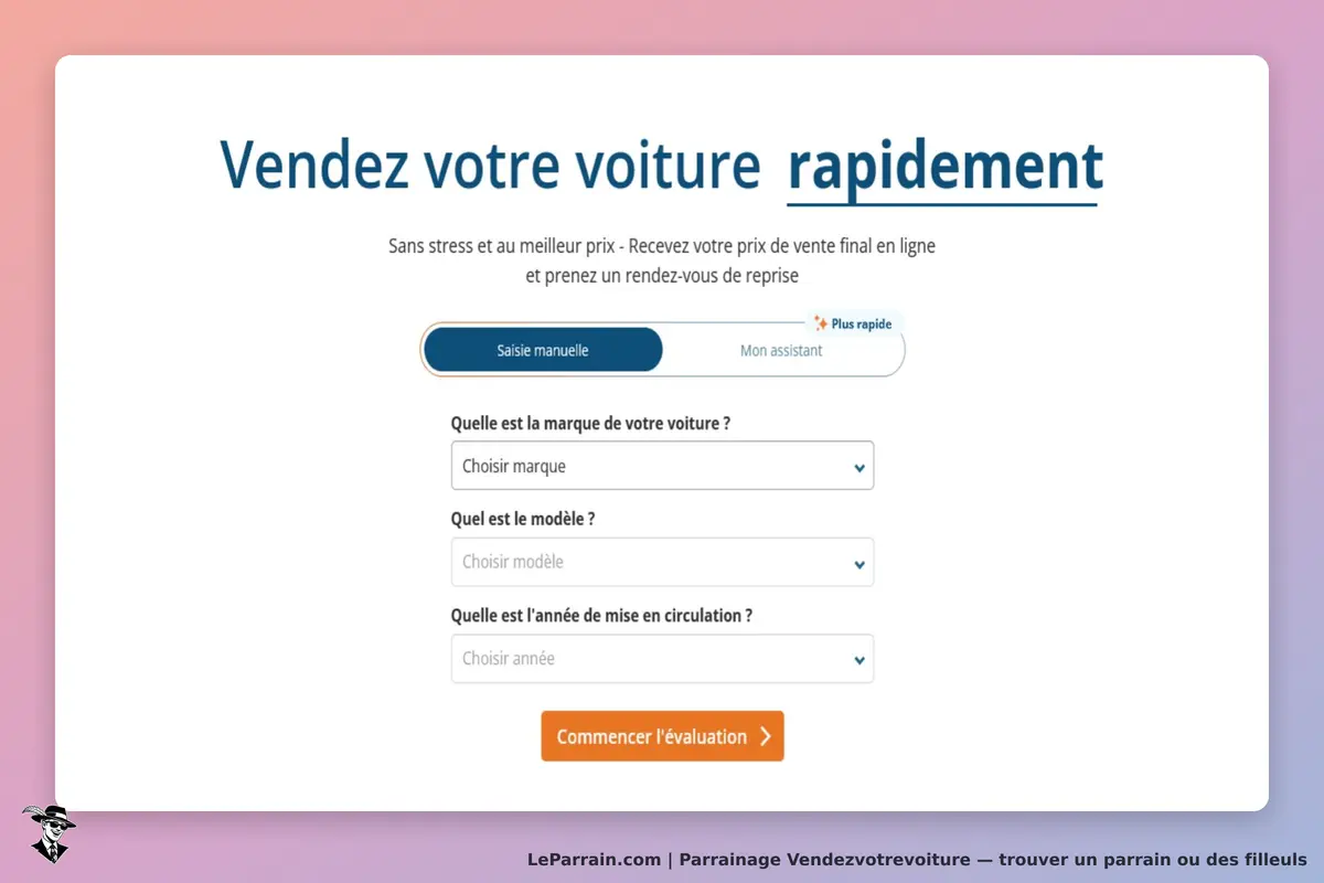 Vendezvotrevoiture : vendez votre voiture : formulaire d'évaluation avec choix de marque, modèle et