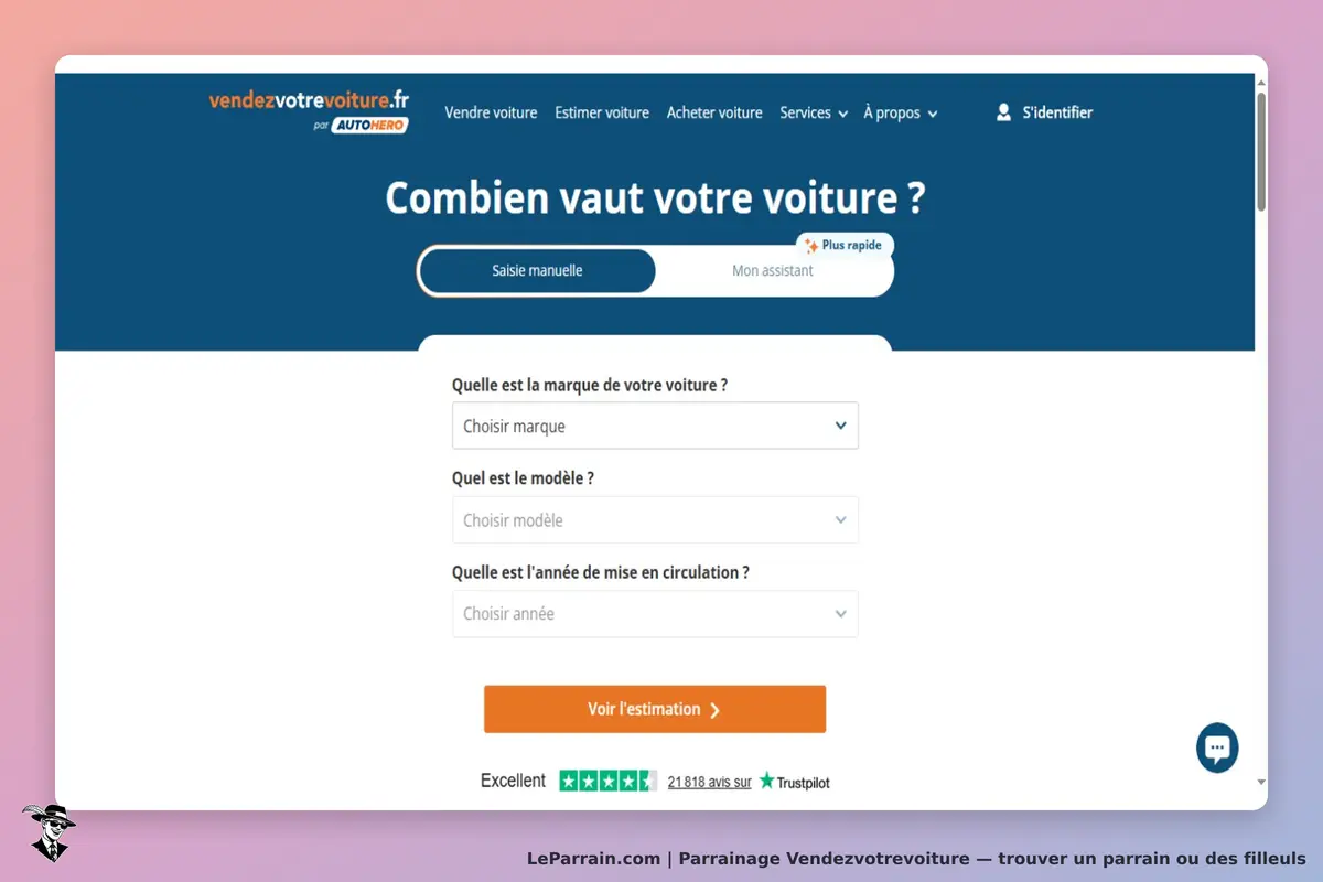 Vendezvotrevoiture : formulaire d'estimation de valeur de voiture avec choix de marque et modèle