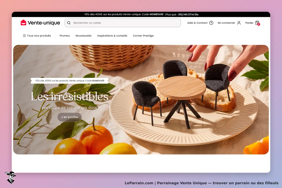 Vente Unique : page d'accueil avec des chaises et une table sur une assiette décorée
