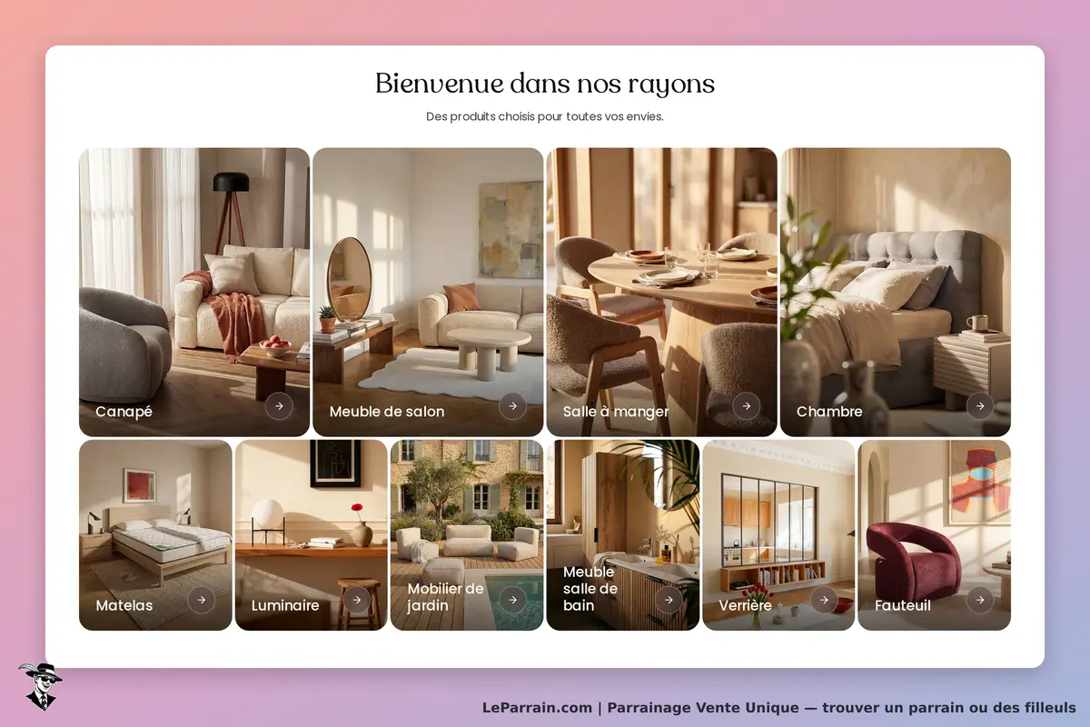 Vente Unique : page d'accueil présentant différentes catégories de meubles et décorations