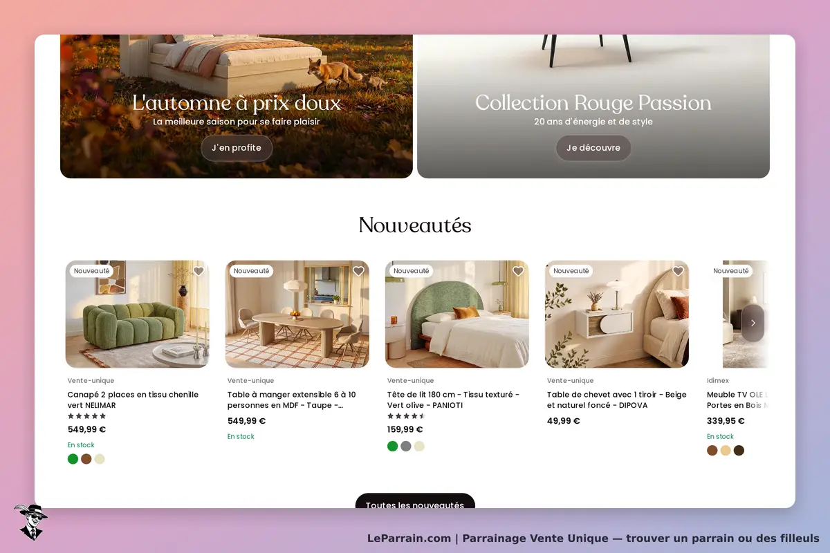 Vente Unique : page d'accueil avec promotion et nouveautés de meubles et décoration intérieure