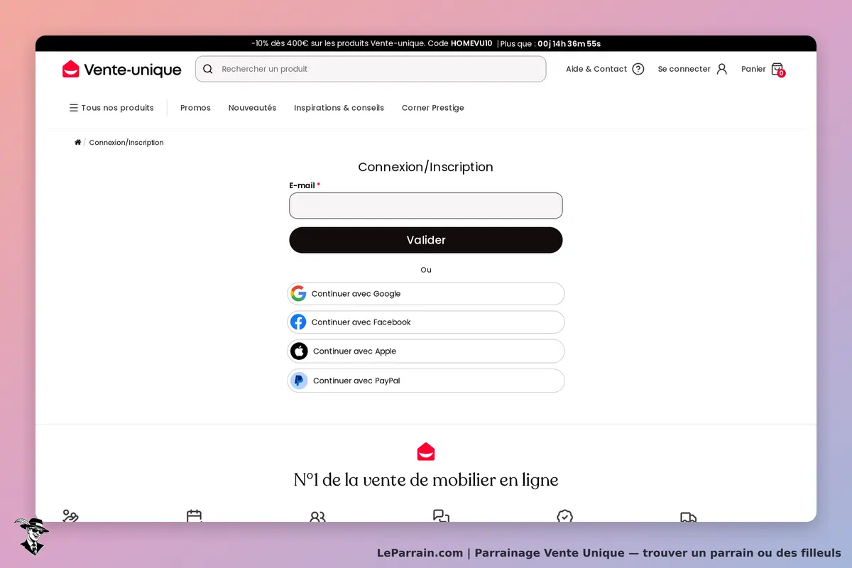 Vente Unique : page de connexion avec formulaire d'inscription et options de connexion sociale