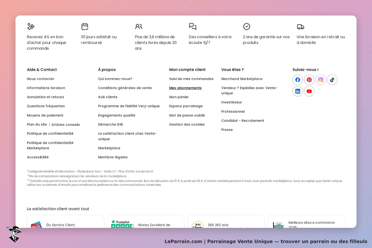 Vente Unique : pied de page avec liens vers aide, compte client et réseaux sociaux