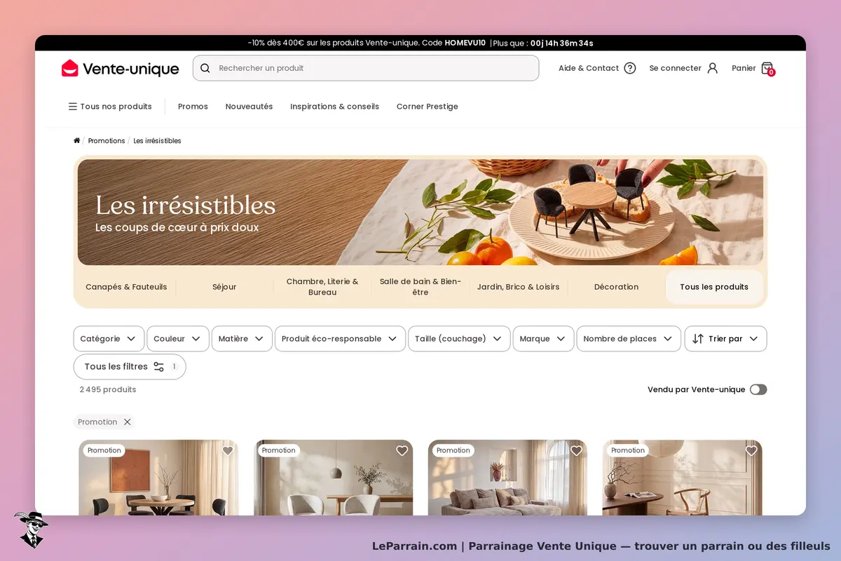 Vente Unique : page d'accueil avec des produits en promotion et des options de filtrage