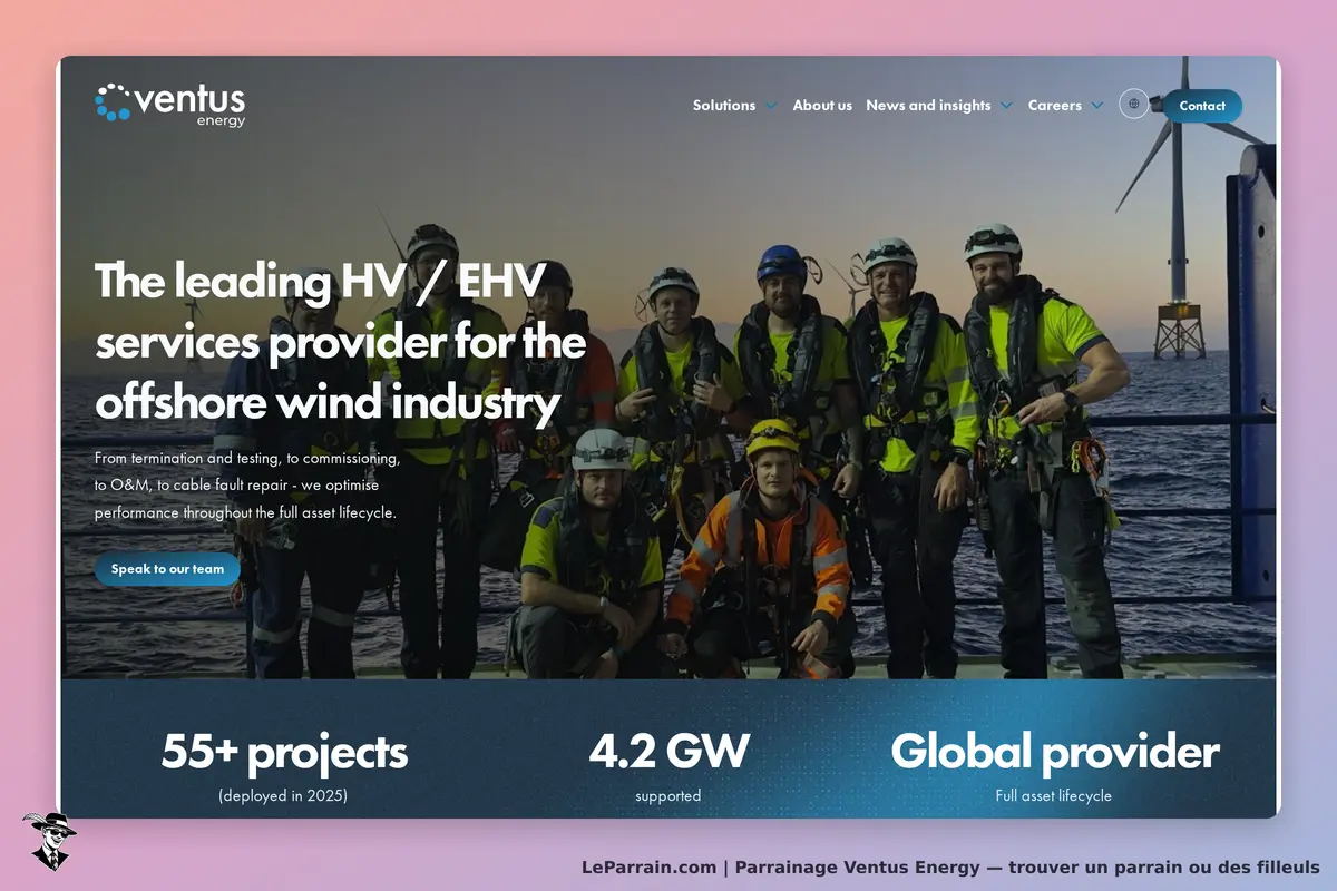 Ventus Energy : équipe de professionnels en tenue de travail sur fond d'éoliennes en mer