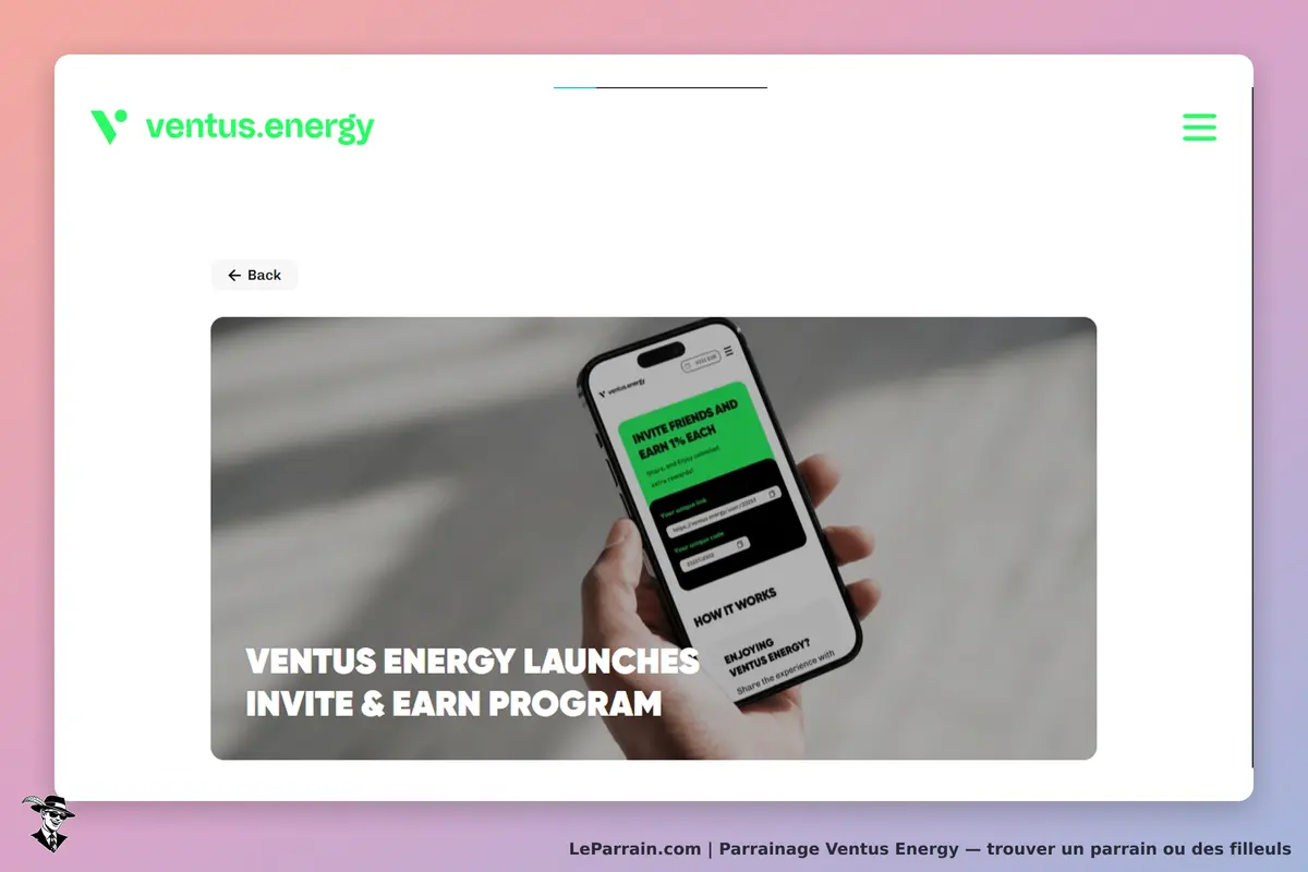 Ventus Energy : page d'accueil présentant un programme d'invitation sur un smartphone