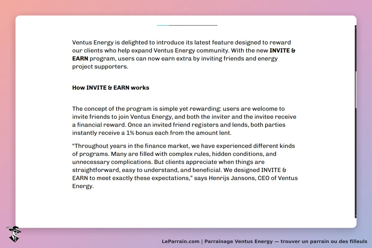 Ventus Energy : présentation du programme INVITE & EARN et explications sur son fonctionnement
