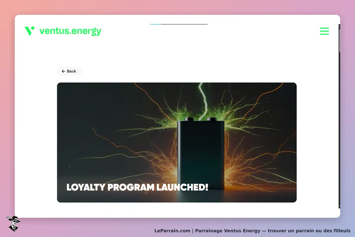 Ventus Energy : page d'accueil avec une batterie et une annonce de programme de fidélité